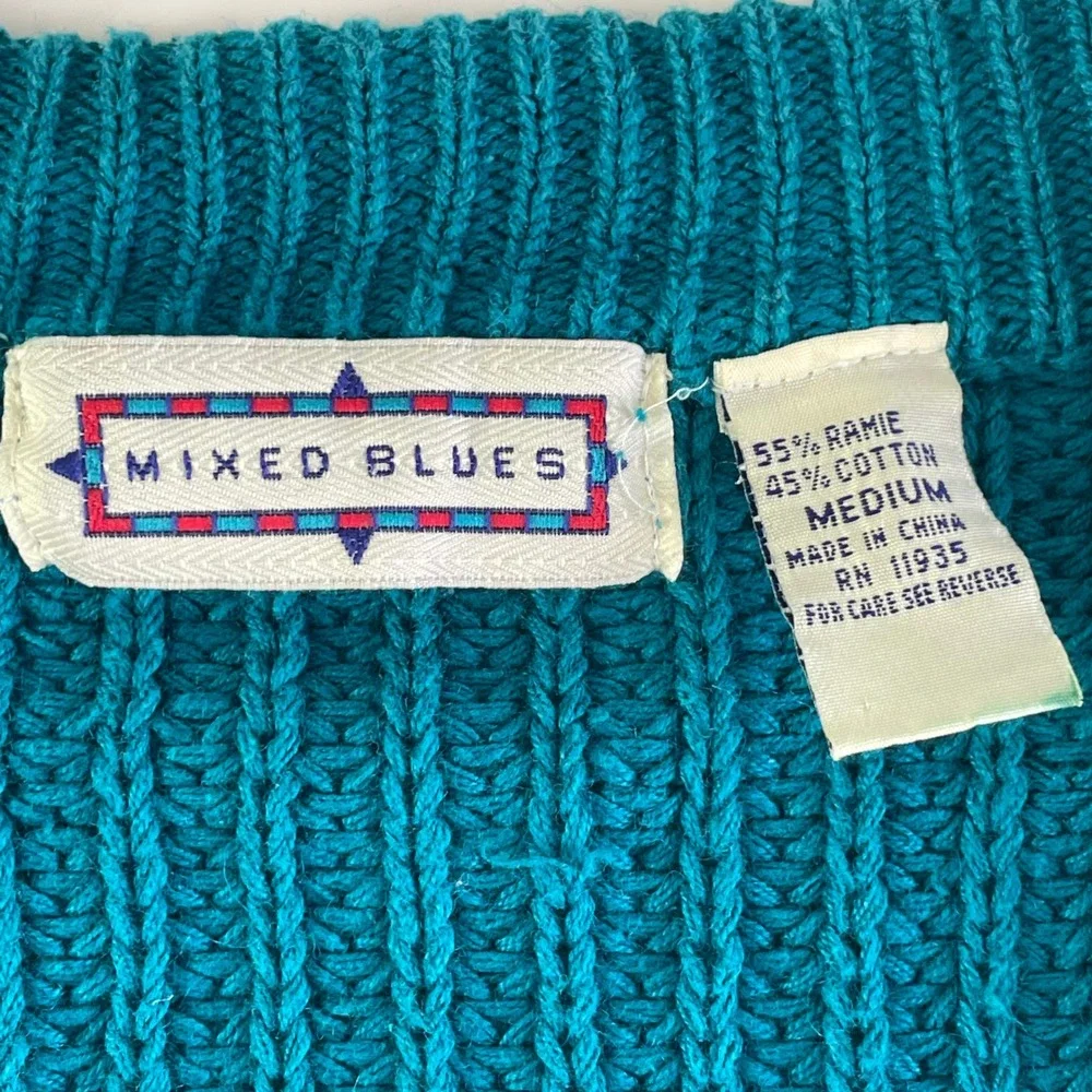 90s Cardigan Sweater Women Oversized Medium Chunky‎ Knit Ramie Cotton Teal Blue